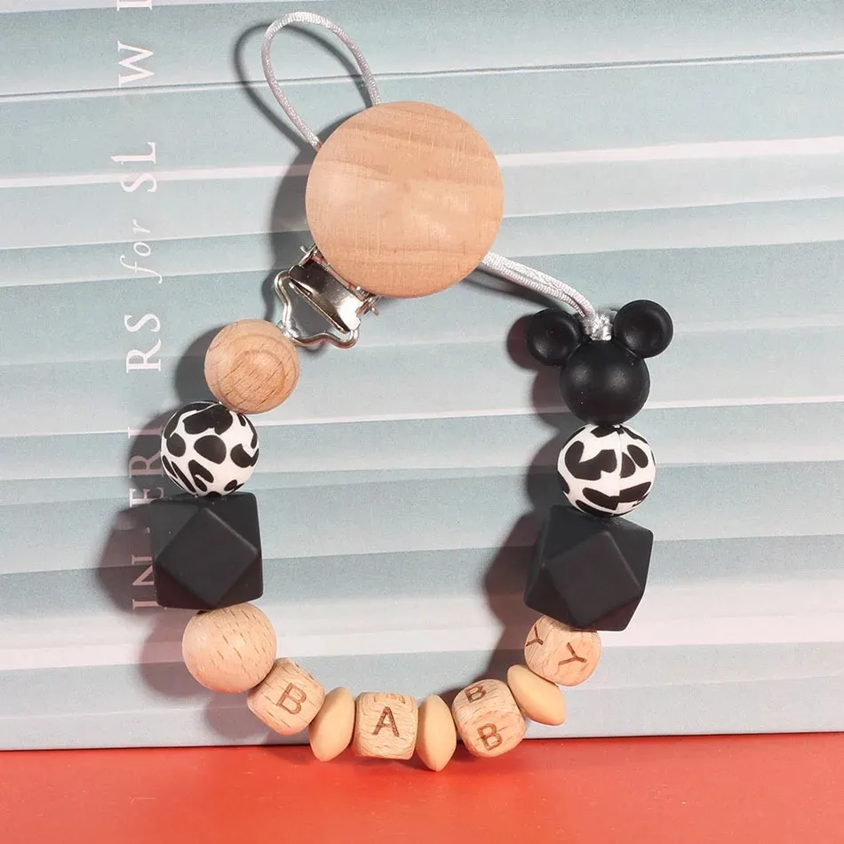 Baby Personalized Name Handmade Silicone Wooden Pacifiers Clip Teething Dummy Holder Anti-Lost Pacifier Chains BPA Free