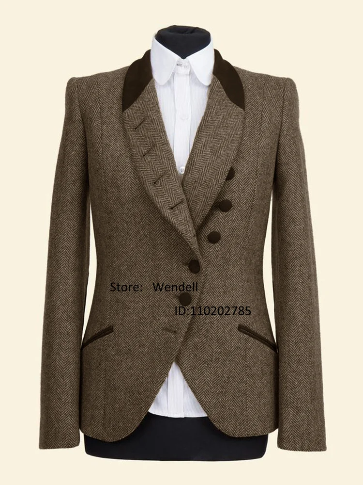 

New Women Herringbone Jacket Blazer Retro Splicing Collar Single Breasted Tailored Casual Dress Coat Cocktail of Dresses Eam