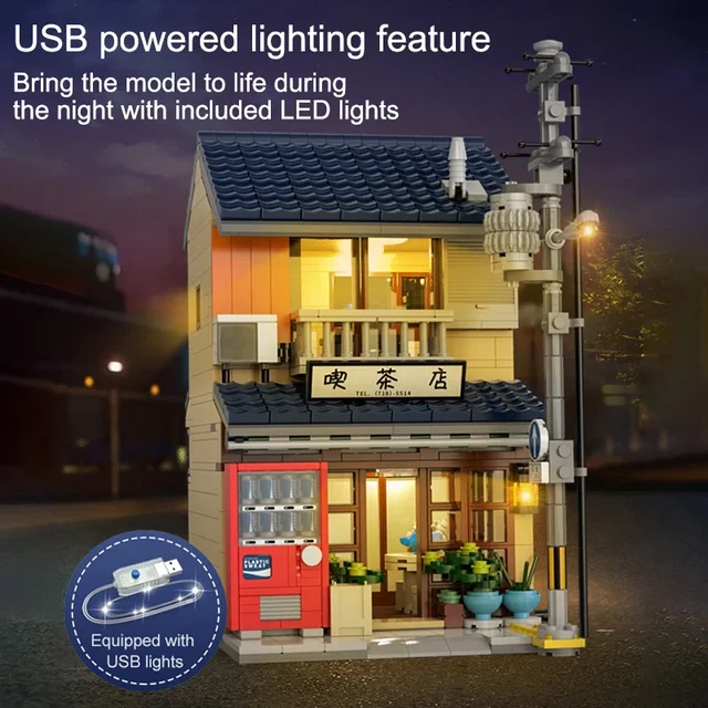 With Packaging BOX LED City Japanese Tea Shop House Architecture Building Blocks Friends Shop Figures Bricks Toys for Kid Gifts 5