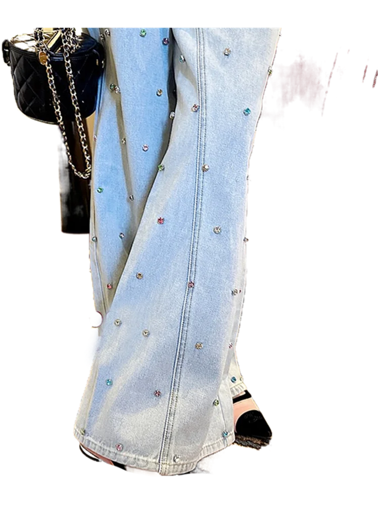 High Waist Jeans Loose Rhinestone Flared Denim Trousers Female Slimming Sheath Wide-Leg Pants Spring Summer Women's Denim Pants