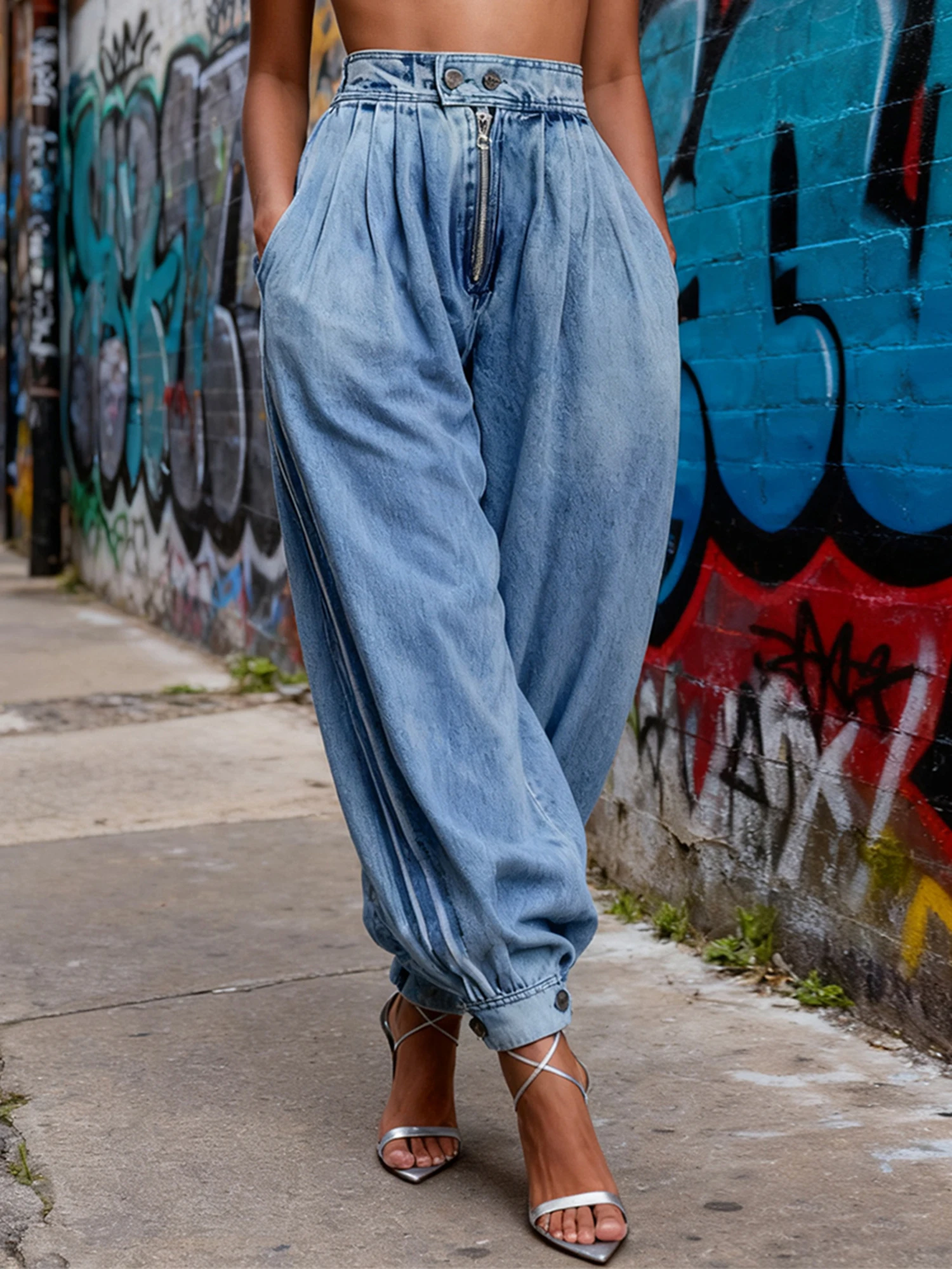 Women s High Waist Wide Leg Denim Jeans with Pockets and Belt Loops - Casual Baggy Harem Pants in Solid Color