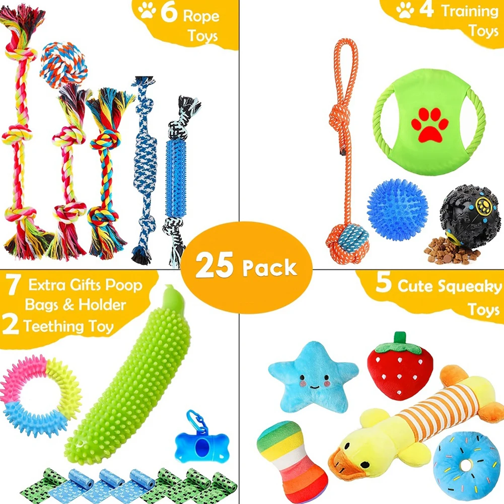 25 Pack Various Dog Chew Toys for Puppy Dog Entertainme Toy with Ropes Treat Ball and Squeaky Puppy Toys for Teething Small Dogs