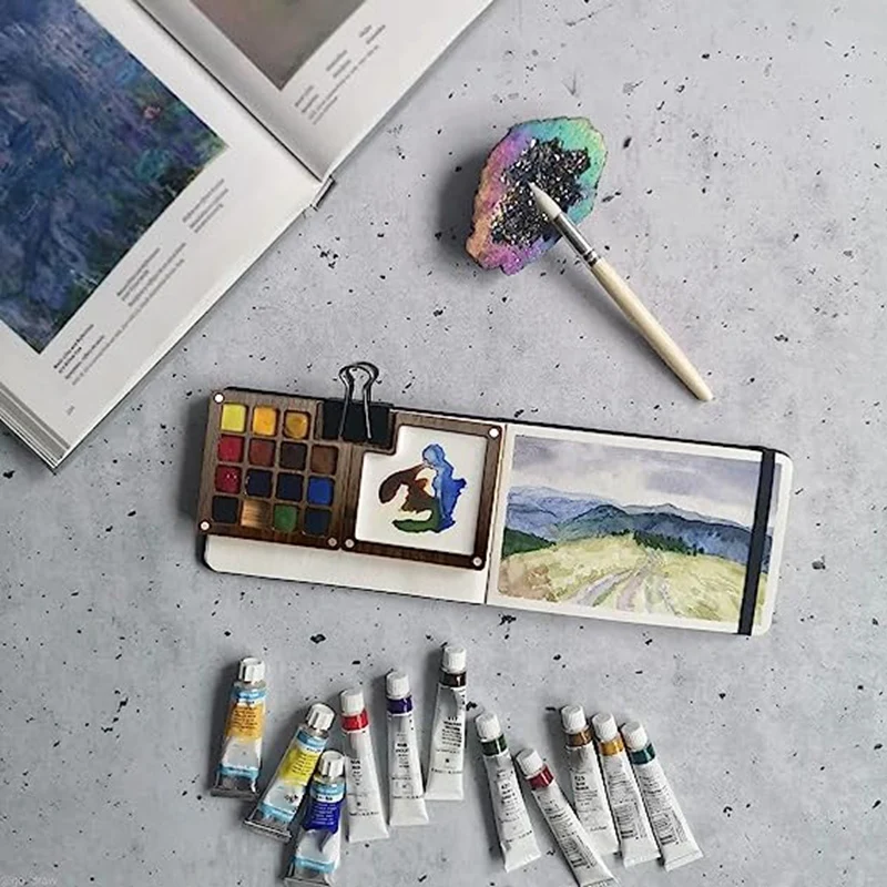 Portable Watercolor Palette 15 Color Sketchbook Palette Wooden Palette Box Travel Paint Palette (Without Colors) paint tray,color palette,watercolor palette