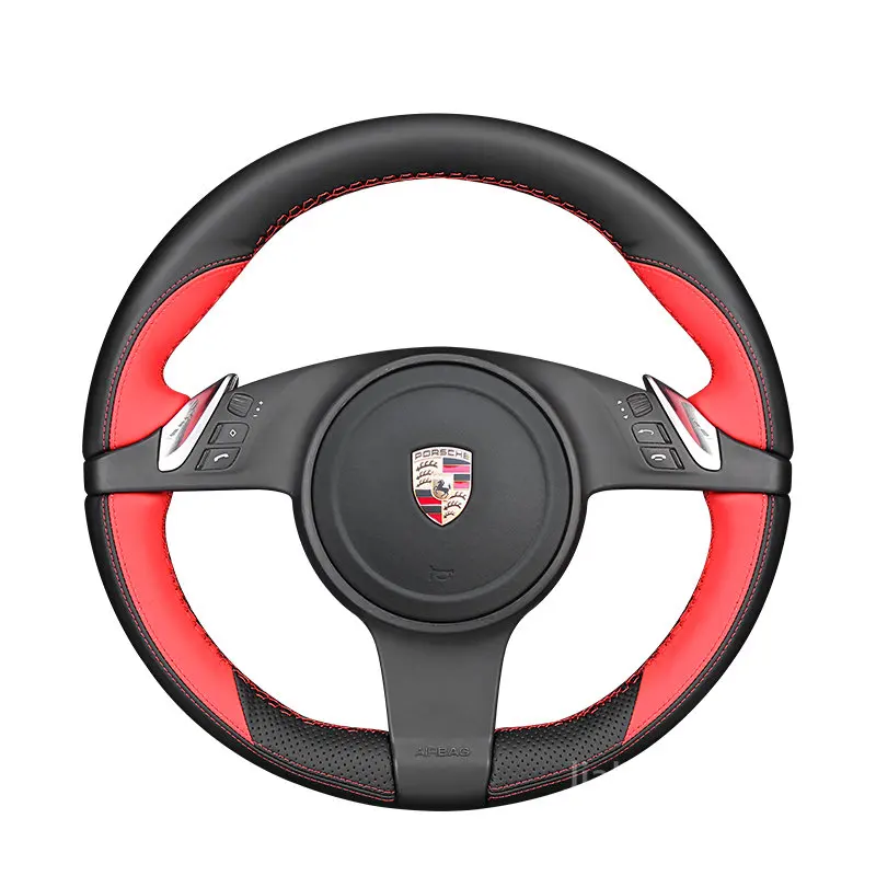 

Hand Stitching Black Red Leather Car Steering Wheel Cover For Porsche old Cayenne 911 Panamera Boxster 09-14-16