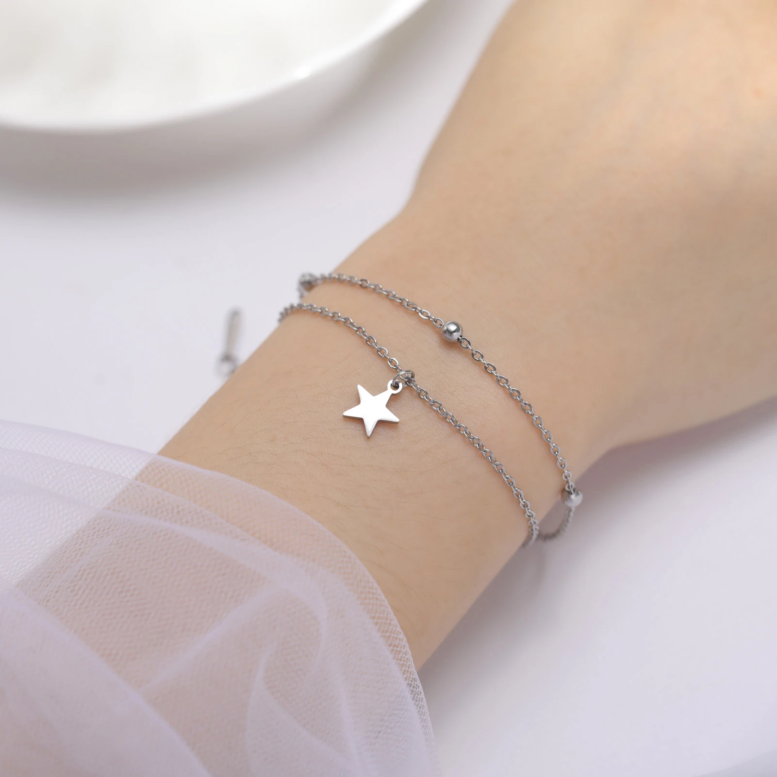 Kkjoy Armbänder Von Frauen Silber Farbe Edelstahl Doppel Mond Kette Stern Perlen Armreifen Minimalistischen Weiblichen Schmuck Zubehör – Detail 4