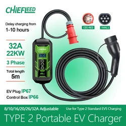 Chiefleed New 32A 22KW 3Phase Type 2/GBT EV Charger EVSE 16A 26A 32A Adjustable With CEE Red Plug 380V~450V RCD TypeB Protection