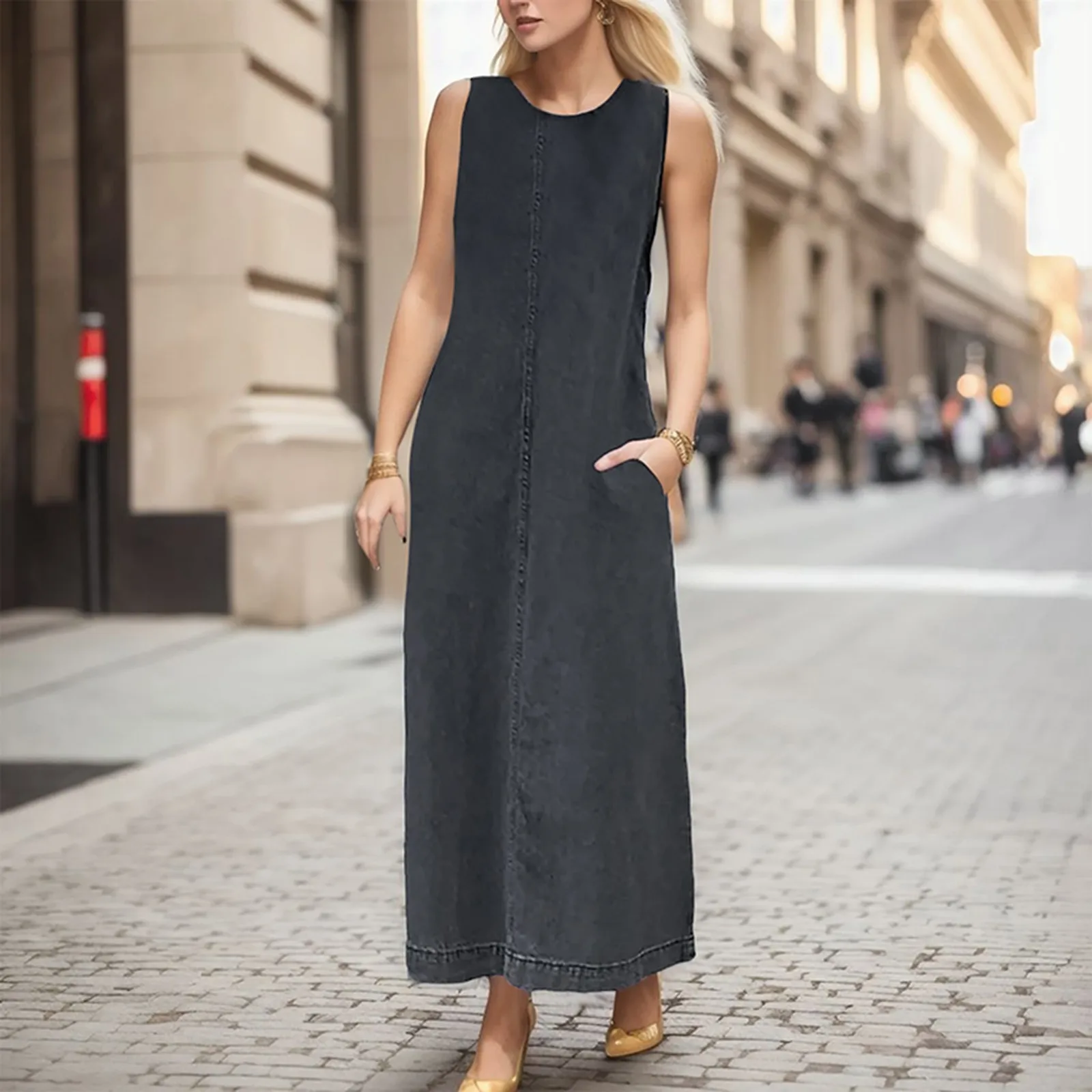 

Women Fashion Vintage Denim Long Dress Summer Round Neck Sleeveless Pocket Loose Casual Dress Ladies Vest Dresses Female