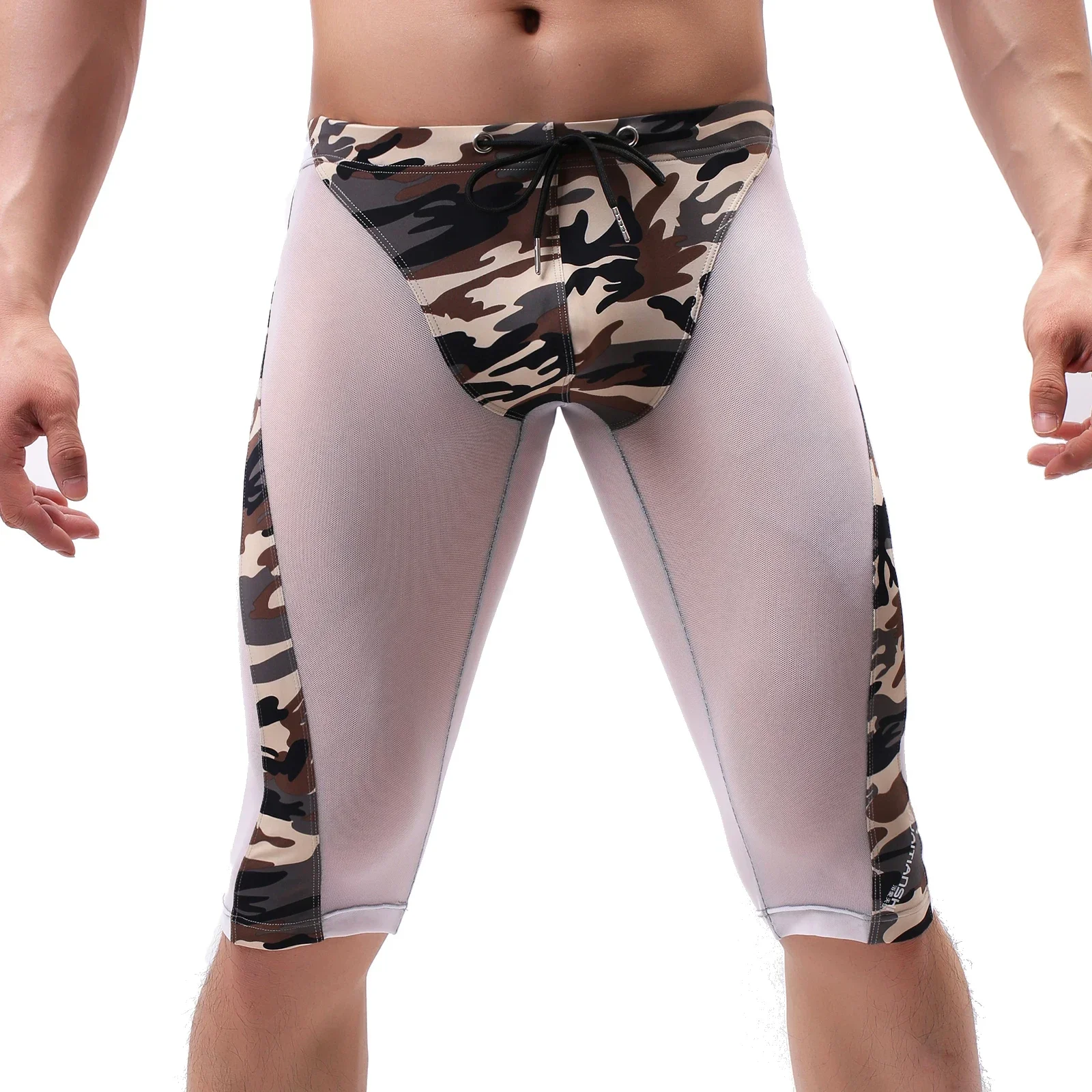 Men Sexy Camouflage Printed Boxers Long Leg Boxer Shorts Underwear Sexy Transparent Men's Short Pants Homme Homewear Underpants