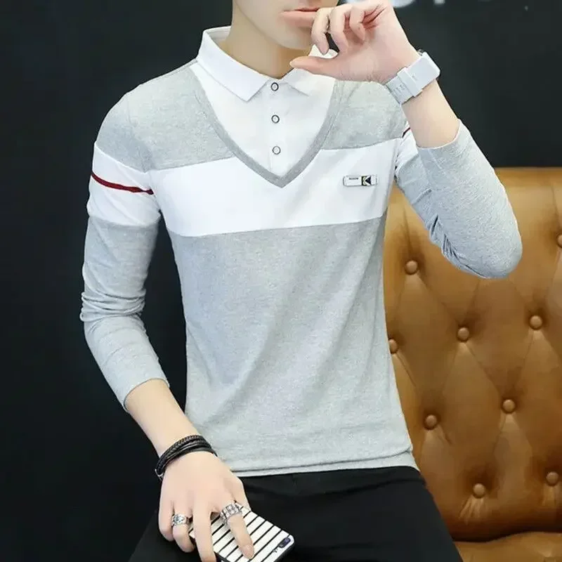 thumbnail image 1 of Camiseta polo para hombre Slim Fit rojo Ropa para hombre Top empalmado Abotonado ajustado Coreano Otoño Xl Una nueva a granel Manga larga Es original, 1 of 4