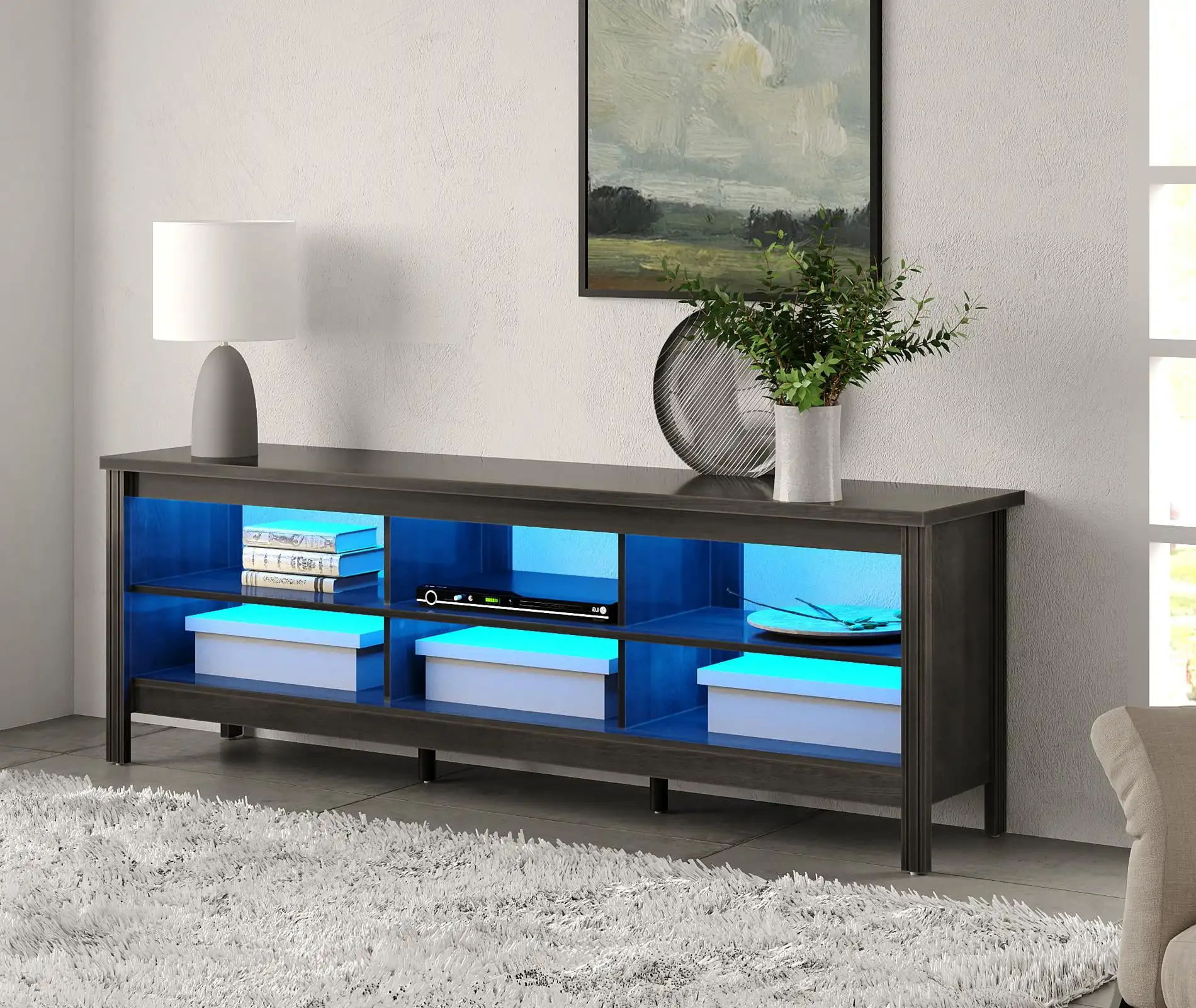 

LED TV Stand for 75 Inch TV, Wood Entertainment Center TV Cabinet with 6 Cubby for Living Room Bedroom,70 inch
