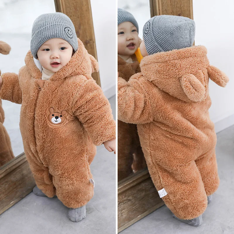 

Baby Boy Clothes Cute Plush Bear Baby Rompers Autumn Winter Keep Warm Hooded Infant Girls Overall Jumpsuit Newborn Romper 0-18M