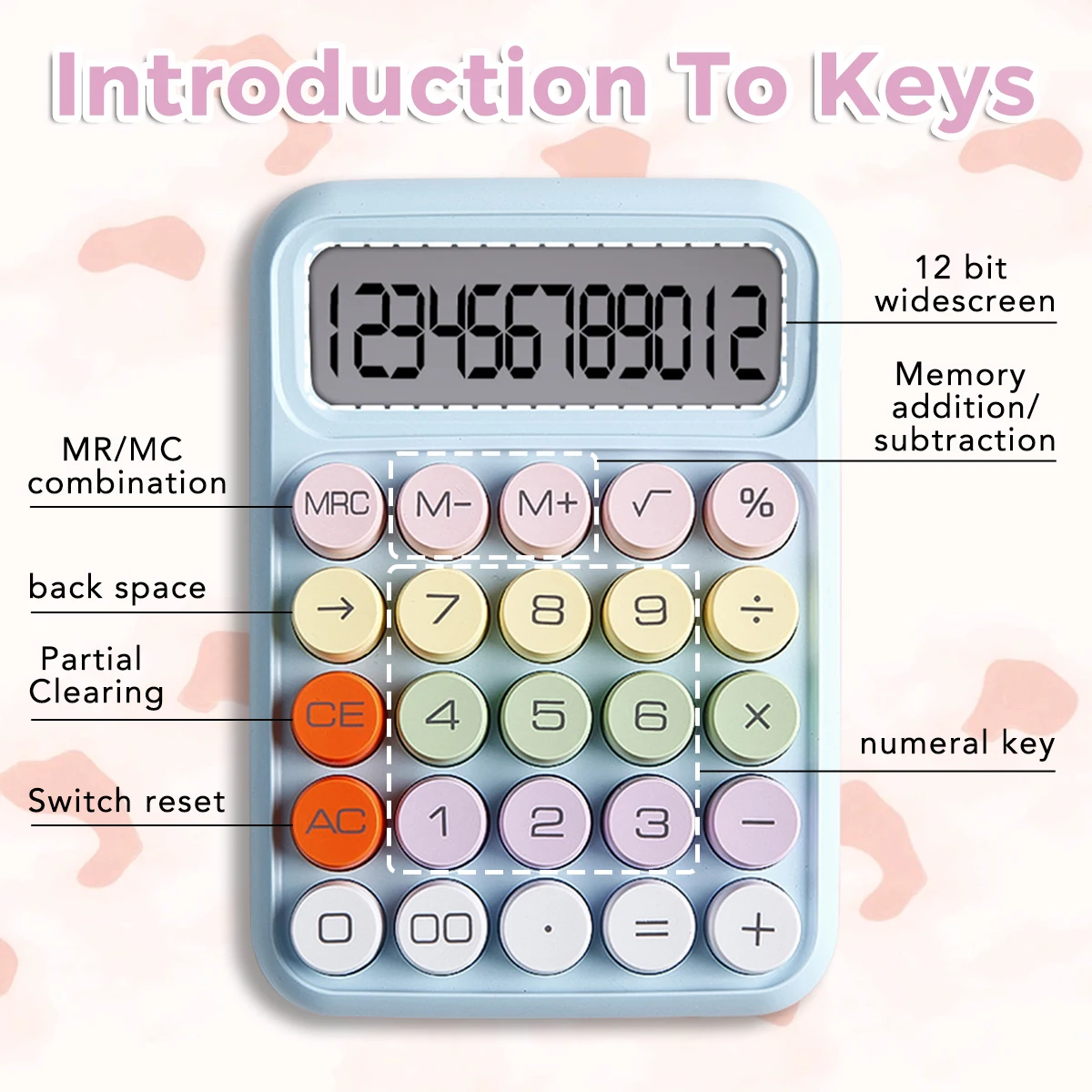 Colorful 12-Digit Mechanical Office Calculator - Cute Candy Design
