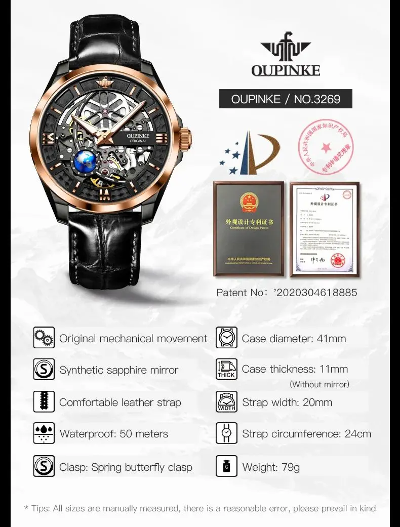 OUPINKE 3268 Man Automatic Watch Top Brand Hollow Deep Waterproof Mechanical Watch For Men Luxury Original Leather Wristwatch