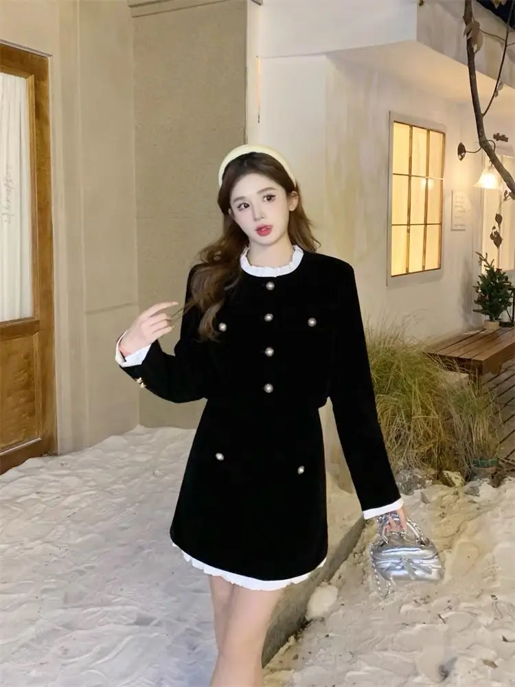 Elegant Black Velvet Two-piece Skirt Sets Long Sleeve Cropped Top Bodycon Mini Skirt Ruffles Korean Fashion Autumn Spring Outfit