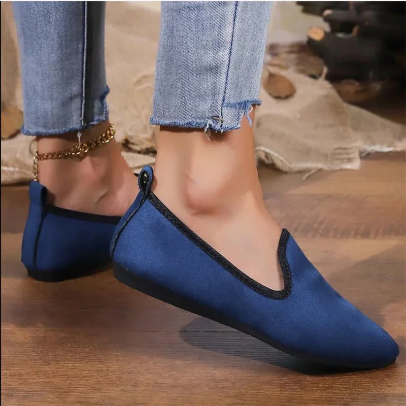 Pointed fabric surface, shallow mouth, flat bottom, flat heel, comfortable women's single shoes, all season women's shoes