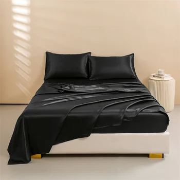 Draps de lit en satin, ensemble de draps queen size, ensemble de literie soyeux 4 pièces, 1 drap-housse à poche profonde + 1 drap plat + 2 taies d'oreiller 1