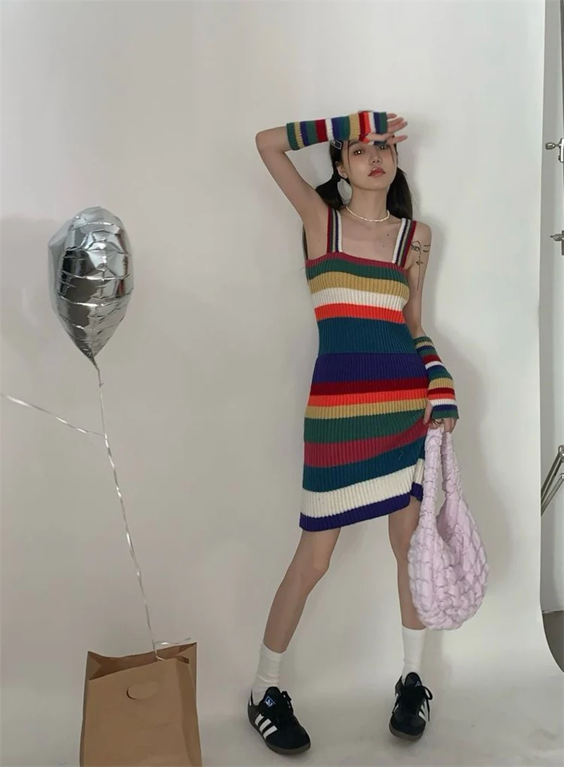 Rainbow Striped Mini Dress Women’s Y2K Knit Spaghetti Stap A Line Streetwear Harajuku Patchwork Slim Womens Sundress Dresses for Woman in multicolor
