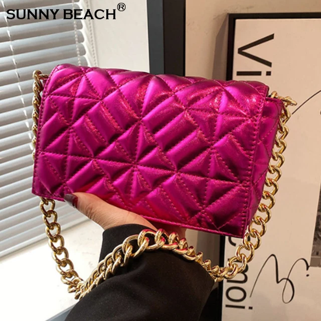 Mini Neon Pink Studded Decor Quilted Flap Chain Square Bag Funky