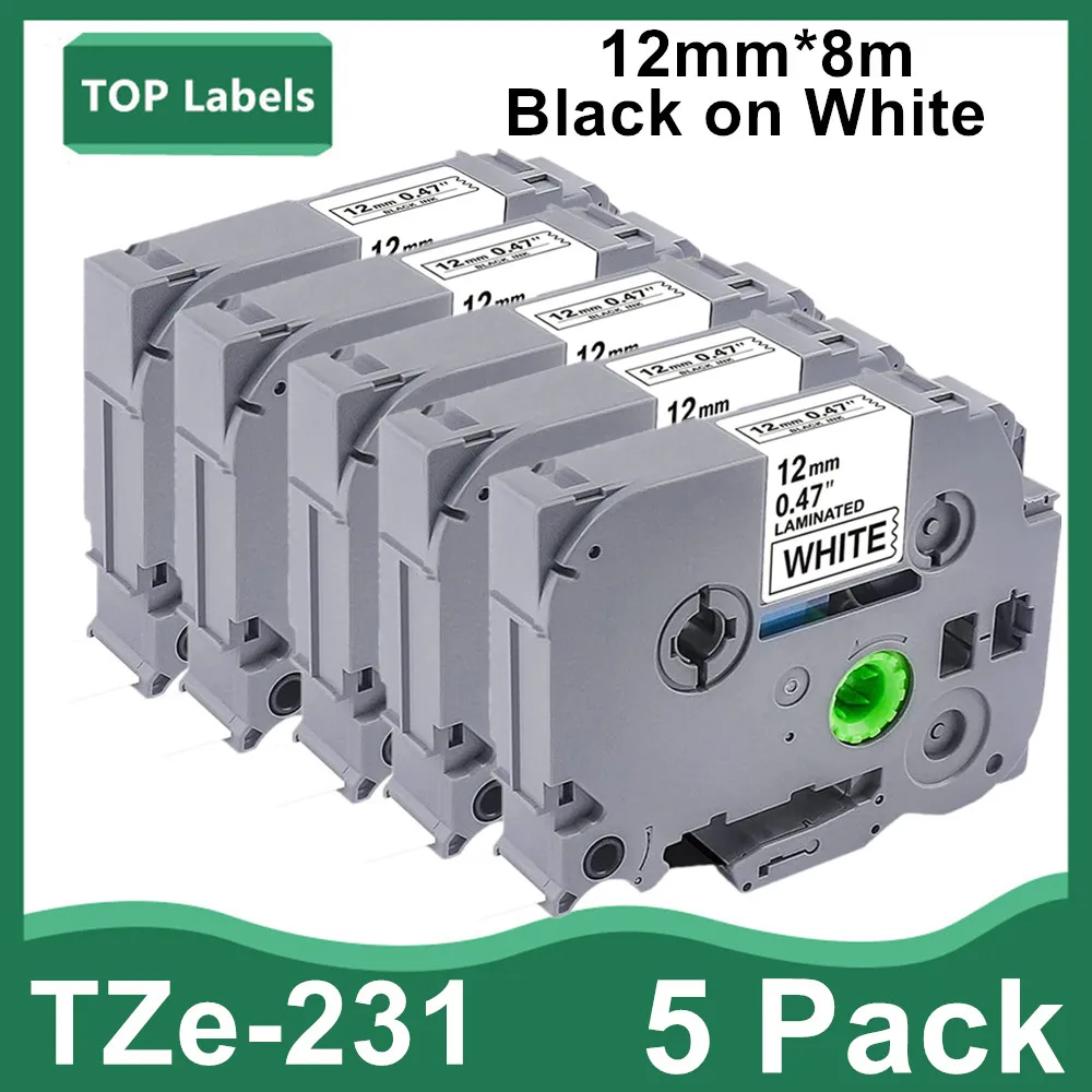 Etiqueta Laminada de Substituição do Irmão Ptouch tz Tze231 Tz-231 Tape Uso para Pt-d210 Pt-h110 Ptd600 Ptd400ad 12 mm 047 Pol a Pcs
