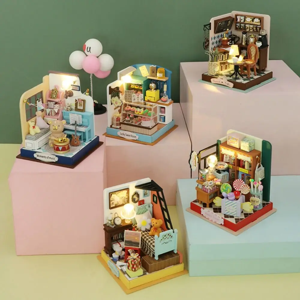 Handmade Coffee Shop Dollhouse Kit Mini Size Wooden Material DIY 3D Puzzle 3D Design Assembly Required Miniature Dollhouse
