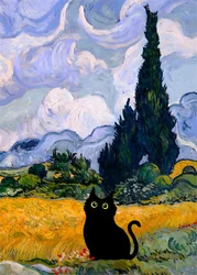 Van Gogh & Monet Inspired Cat Canvas: Starry Night and Sunflowers Wall Art - 40x60cm No Frame (Beige)