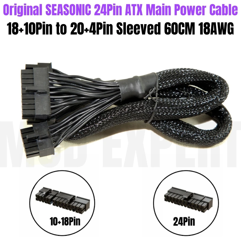 

Original SEASONIC Snow Silent 24Pin ATX Main Power Cable 18+10Pin to 20+4Pin Sleeved Net for 750W 1050W 1250W Modular PSU 60CM