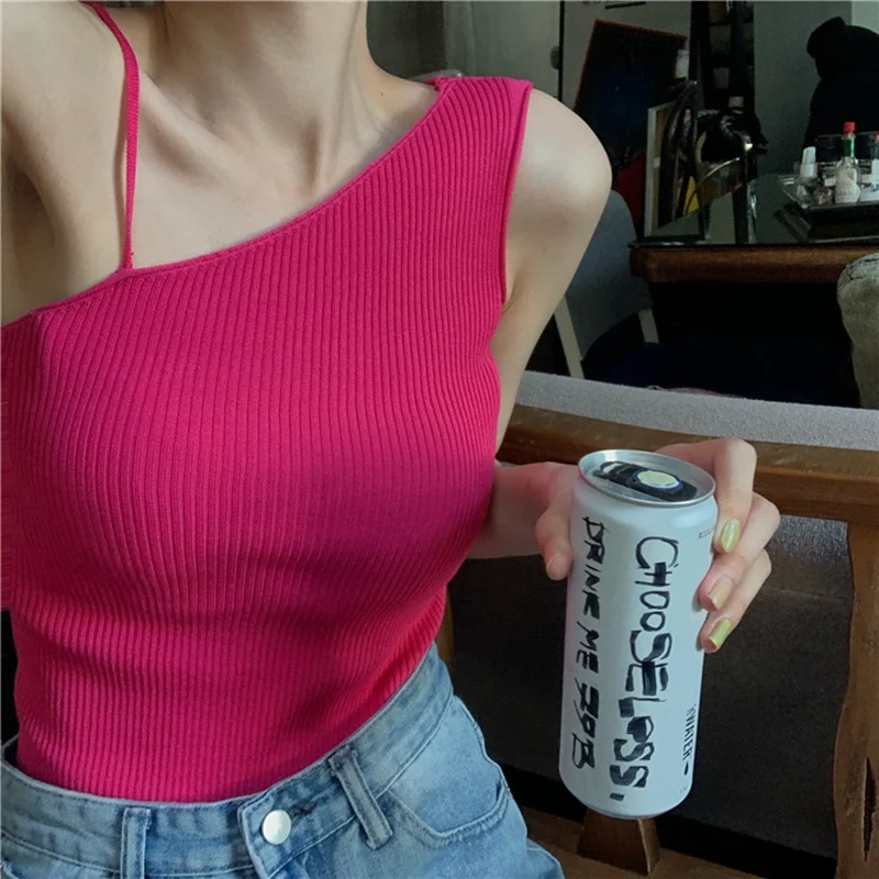 

Summer Sexy Fashion Basic Camis Crop Tops Vintage Tanks Knitting for Girls Slim Hot Erotic Irregular Shoulder Tops Bodycon Solid