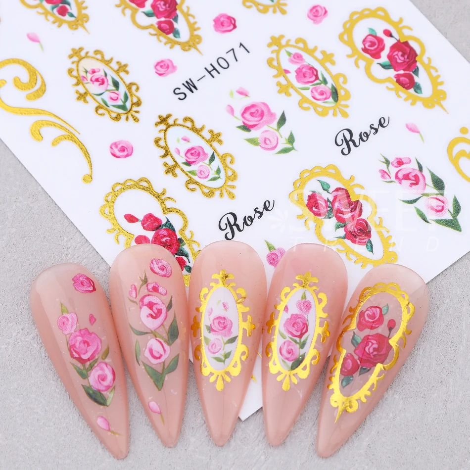 2pcs Elegant Flower Nail Art Stickers Bronzing Border Frame Rose Petal Leaf Self Adhesive Nail Decals Valentine's Manicure Decor