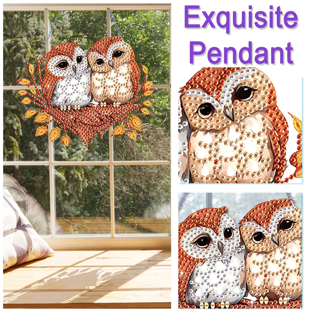 Autumn Owl Special Shape Diamond Painting Hanging Pendant Diamond Painting Decor Rhinestone Diamond Art Pendants for Art Crafts