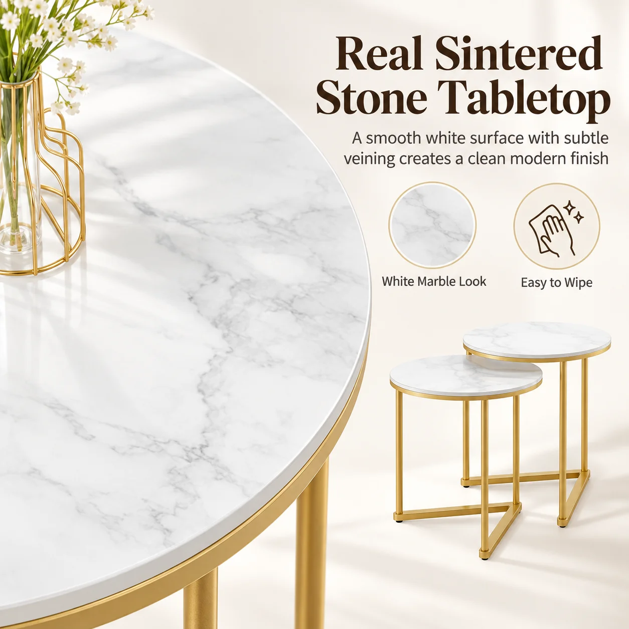 Set of 2 Round Nesting Side Tables 45cm Sintered Stone Tops Gold Metal Frame for Living Room Sofa Side