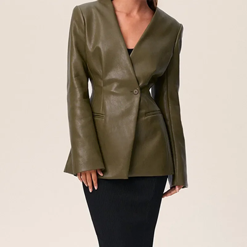 Chaqueta de cuero para mujer, estilo urbano, verde, con pliegues, escote en V, un botón, manga larga, bolsillos, abrigo hasta la cintura, primavera 2025, estilo urbano Y2K.