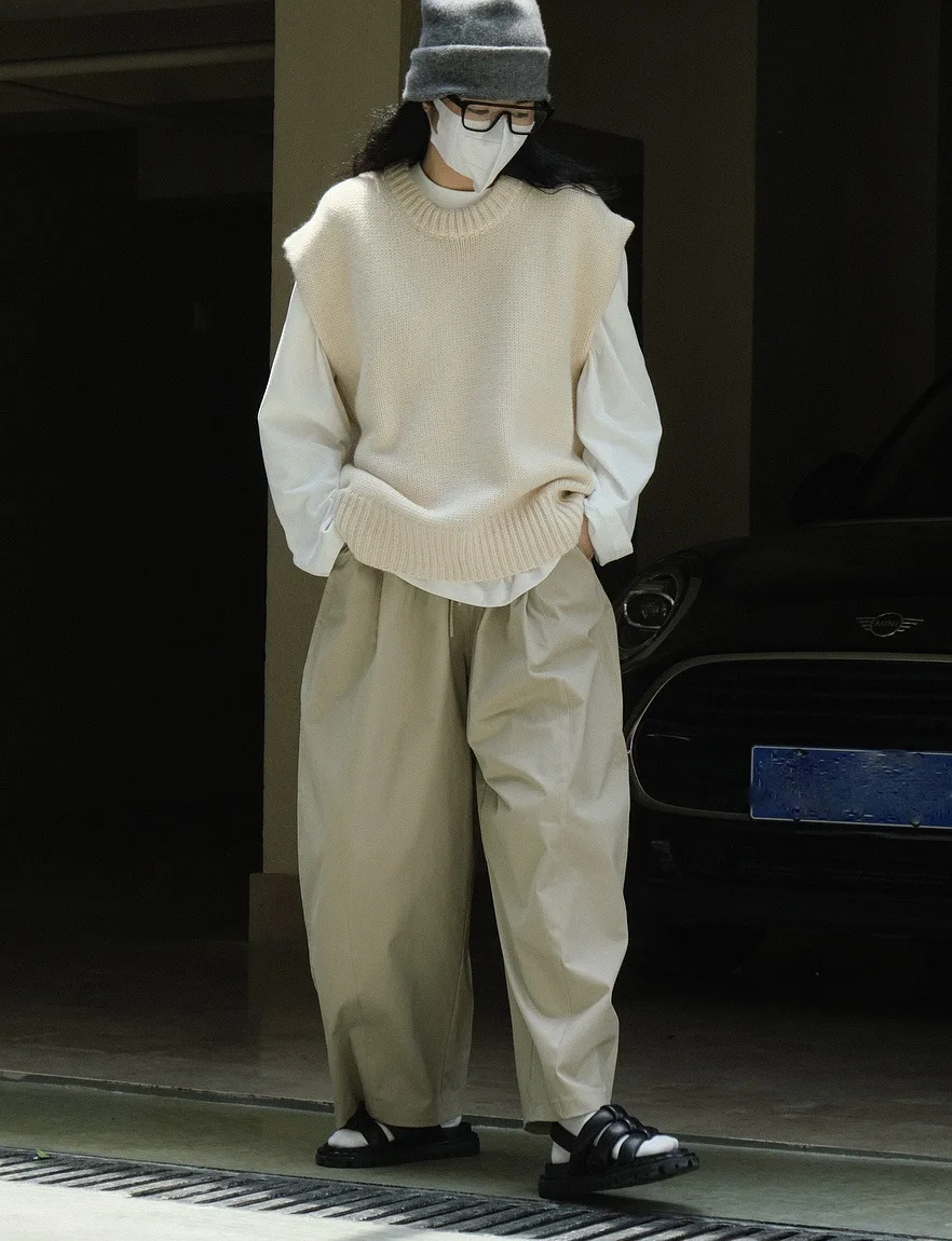 [LANMREM] Minimalism Drawstring Elastic High Waist Wide Leg Pants Women Fashion Casual Loose Trousers 2025 Spring New 26D6801