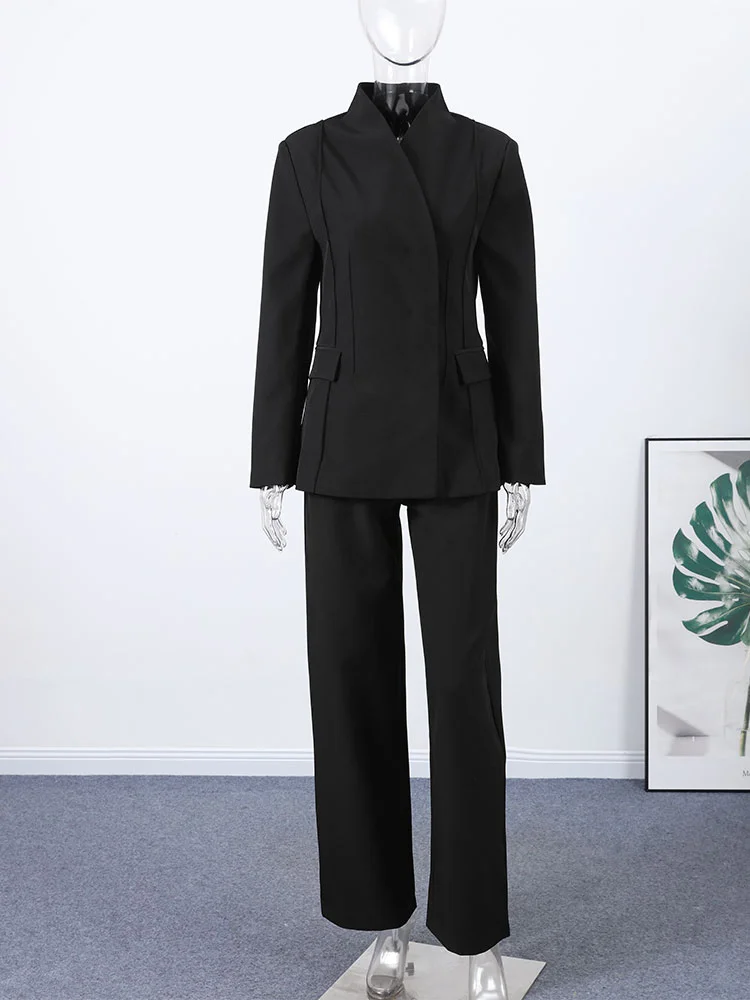 Ensemble de costume structuré surdimensionné avec points contrastés, Blazer à revers et Double boutonnage, pantalon à jambes droites, tenue Chic rétro pour les déplacements, 2025 - AliExpress