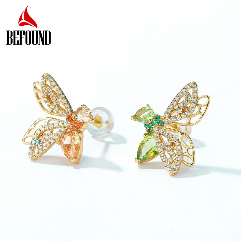 

Cute Bee Stud Earrings 925 Silver 10K Gold Plated Olive Green Spinel Zircon Inlay Asymmetrical Earrings Women Trend Jewelry 2022