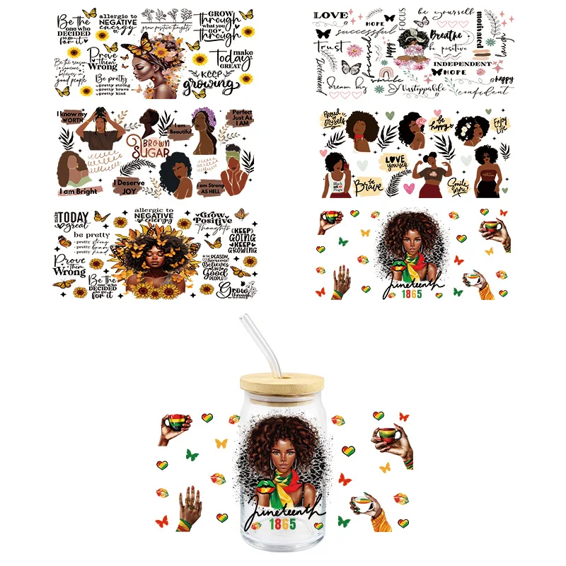 Black Woman UV DTF Wrap Transfer Stickers Beautiful Gril Design DTF Wrap For Mugs Glasses Coffee Cups Waterproof Decal