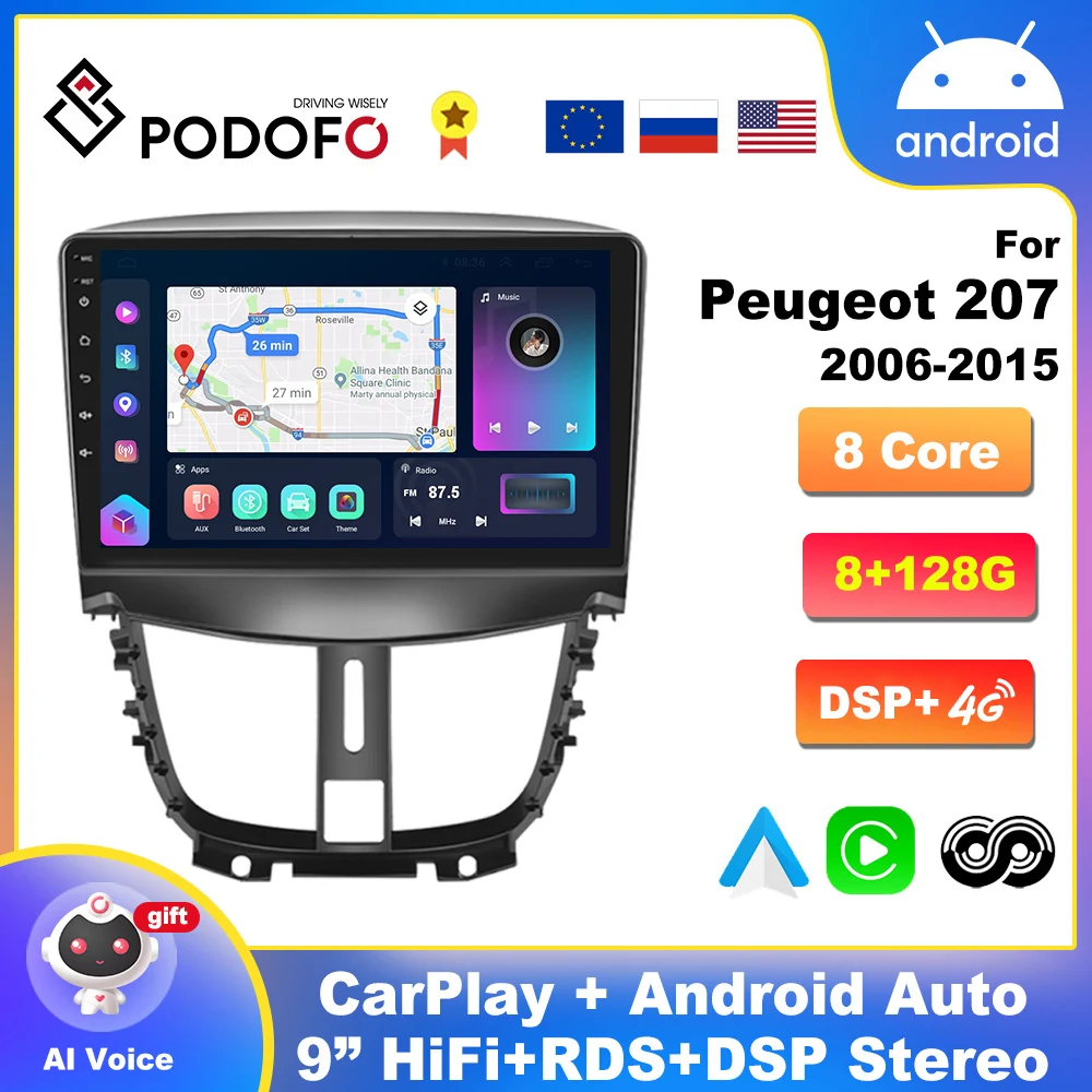 Podofo Android Autoradio GPS für Peugeot 207 2006-2015, 9
