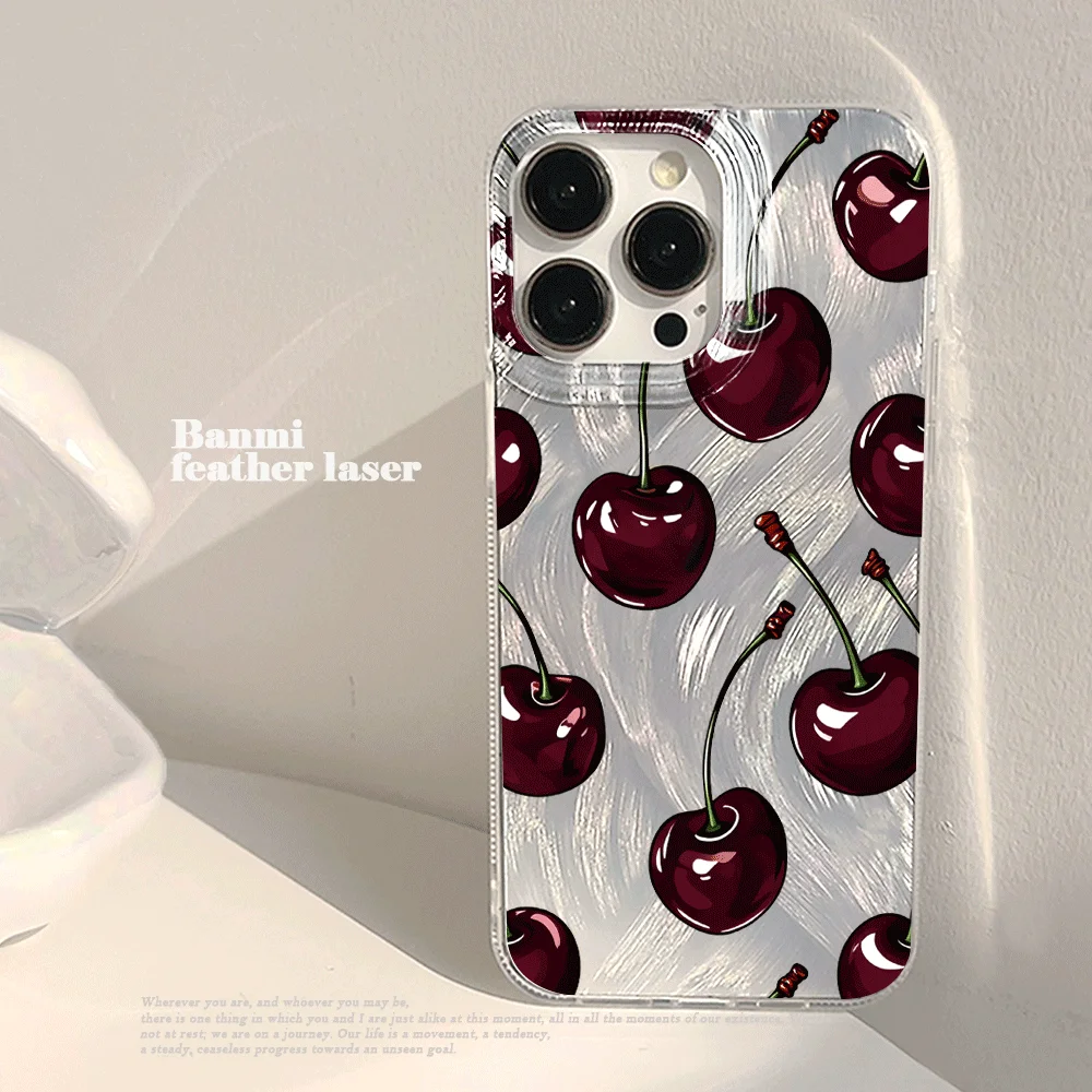 Dark Cherry Feather Laser Fruit Print Phone Case Cover