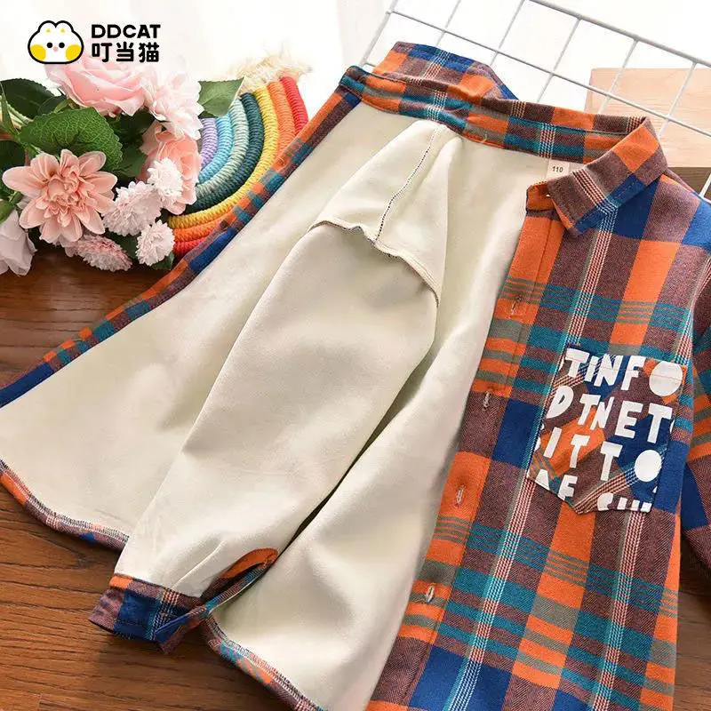Boys' Shirt Autumn and Winter Cotton Handsome Coat Middle Children's Plaid Long Sleeve Plush Spring and Autumn Shirt