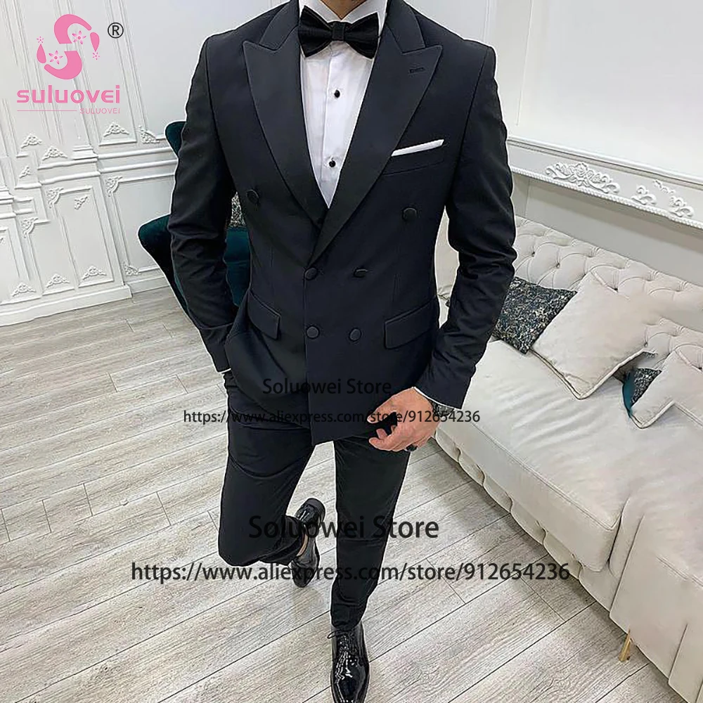 Double Breasted Suit For Men Slim Fit 2 Piece Jacket And Pants Set Formal Groom Wedding Peaked Lapel Tuxedo Male Business Blazer