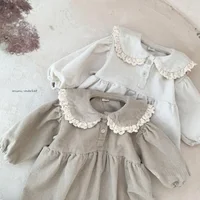 Spring Toddler Girls Dress Corduroy Dress Lace Ruffles Collar Full Sleeve Baby Dress 4