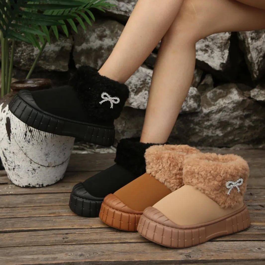 Rhinestone Bow Snow Boots Winter New Round Toe Suede Plush Platform Anti-Slip Wear-Resistant Women Booties