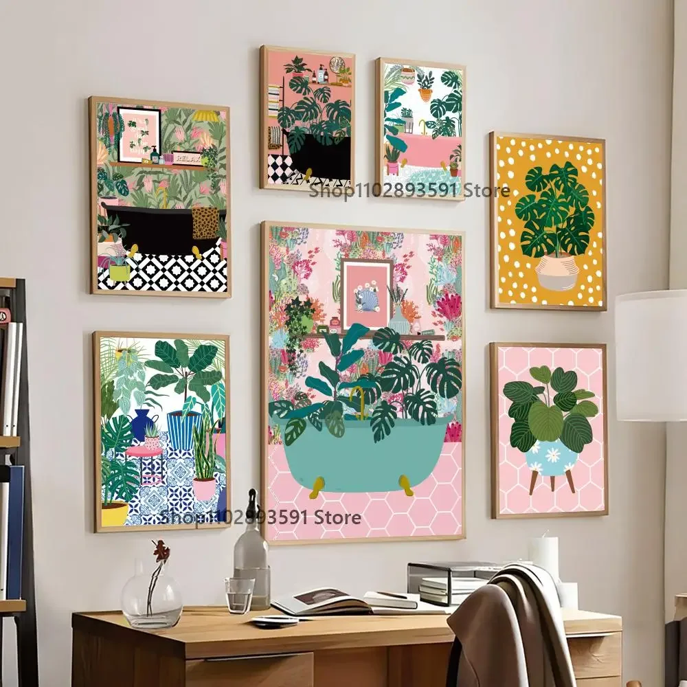 1pc Botanical House Plants Boho Retro Vase Leaves Poster Paper Print Home Bedroom Entrance Bar Cafe Art Painting Decoration