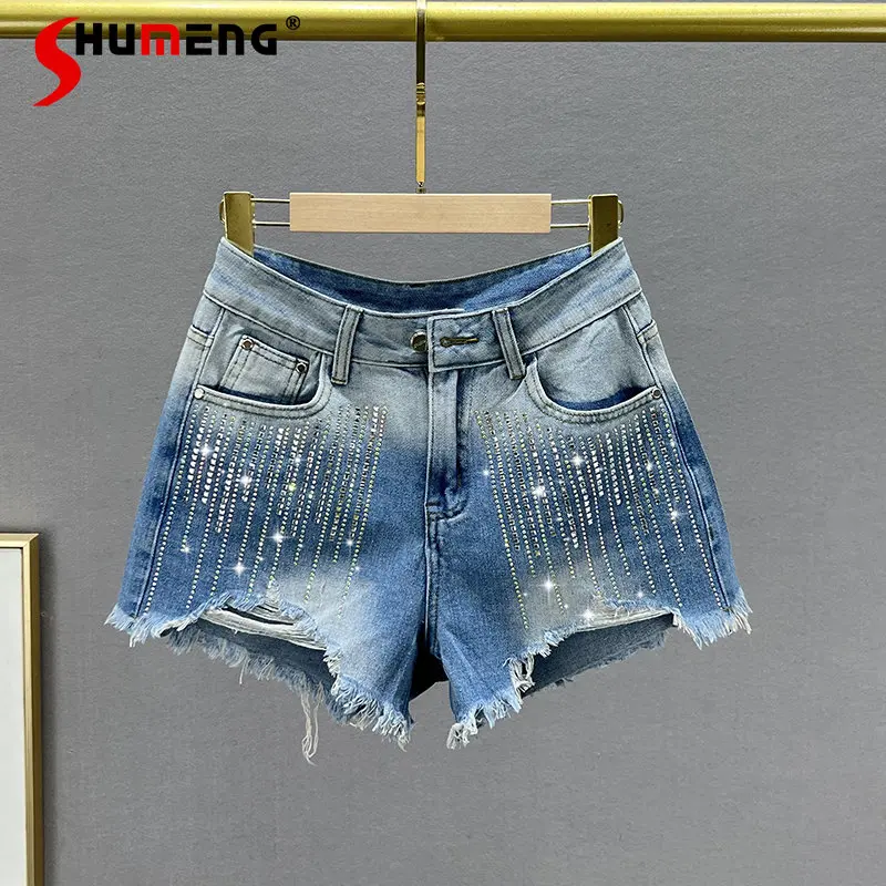 

Denim Shorts Women's Fashionable 2023 New Summer High Waist Slimming Heavy Work Rhinestone Ripped Wide Leg Pants Hot Pants