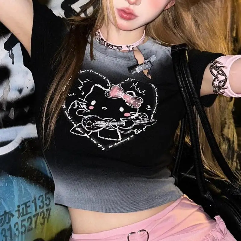 

Hello Kitty Sanrio плюшевая кавайная мультяшная Милая градиентная американская Приталенная футболка с коротким рукавом аниме плюшевые игрушки для девочек подарок на день рождения