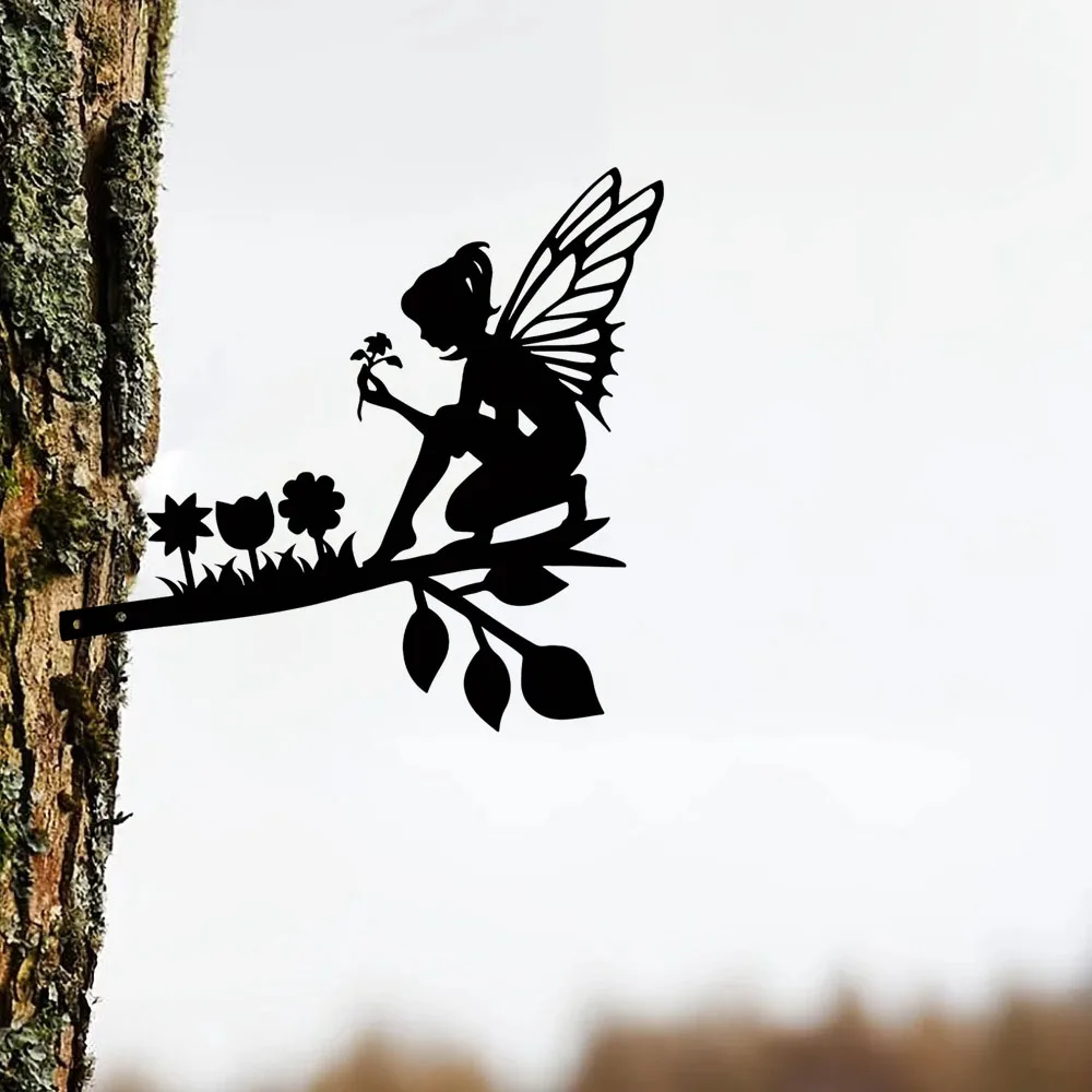 

Picking Flowers Fairy On Steel Silhouette Metal Wall Art Home Garden Yard Outdoor Statue Stake Decoration Perfect Statue Gift