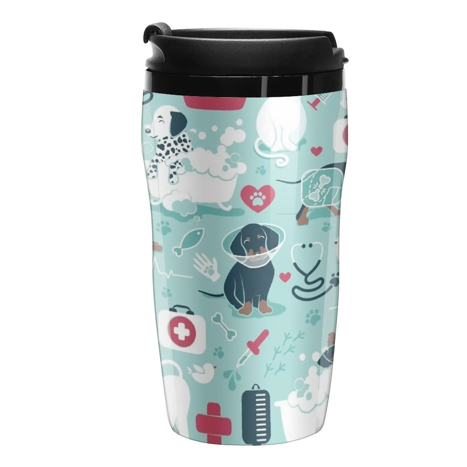 

Veterinary medicine, happy and healthy friends // aqua background red details navy blue white and brown cats d Travel Coffee Mug