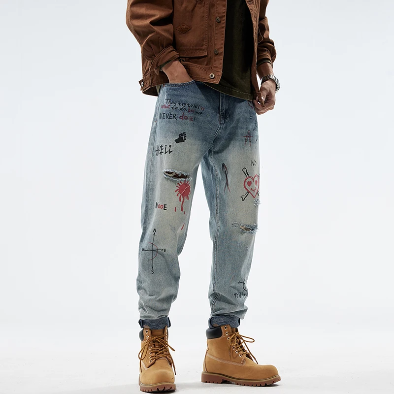 Vintage Men's Jeans Washed High-end personality print loose fashion Y2k casual pants denim straight high street hip hop pants