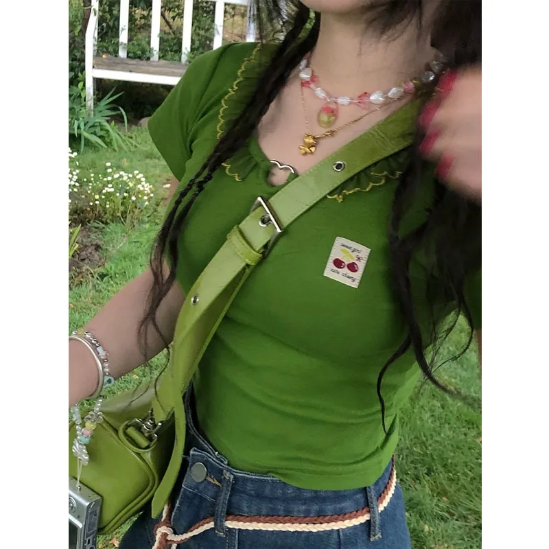 

HOUZHOU Y2k Streetwear Green Tshirts Women Vintage Korean Fashion Crop Top Kawaii Cute Gyaru Slim Tee Harajuku T-shirt Aesthetic