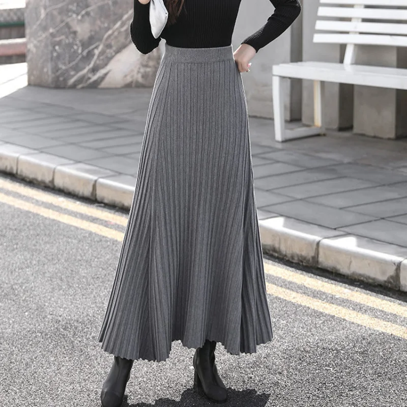 

Winter Cashmere Maxi Long Knitted Skirts Thickening Rib Knitted Swing A-line Flared Ankle Length Knit Skirts Brown Ivory Gray