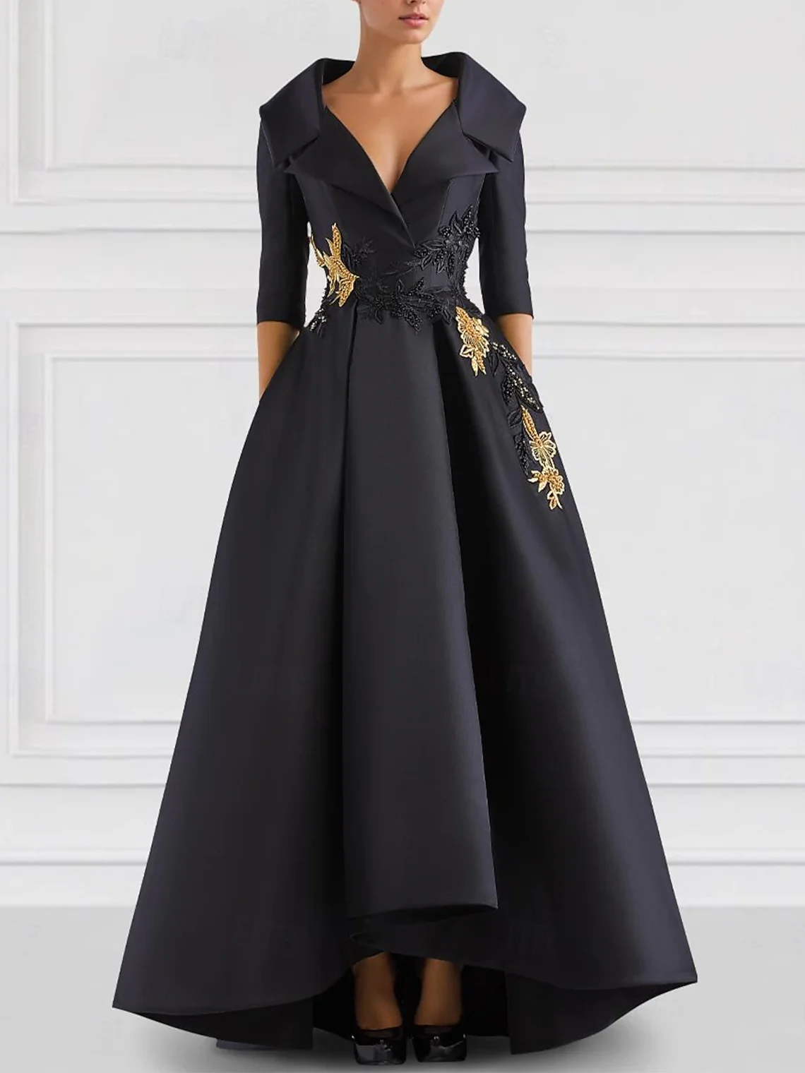 Robe de soirée brodée à col en V avec appliques de perles en satin, robe élégante formelle, robe trapèze noire, robe de poche vintage, 2025 personnalisée gratuitement